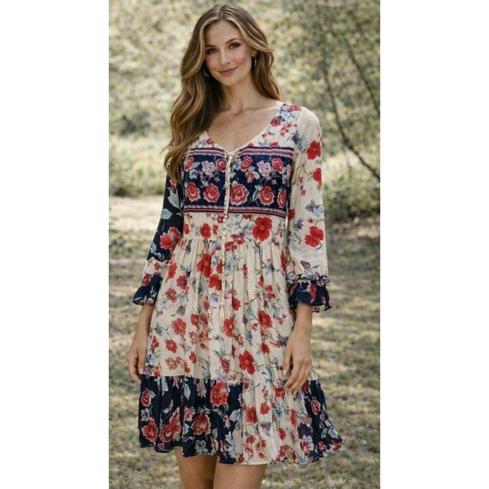 Patrons Of Peace Dress Size XS Floral Long Sleeve Tired Hem Rayon